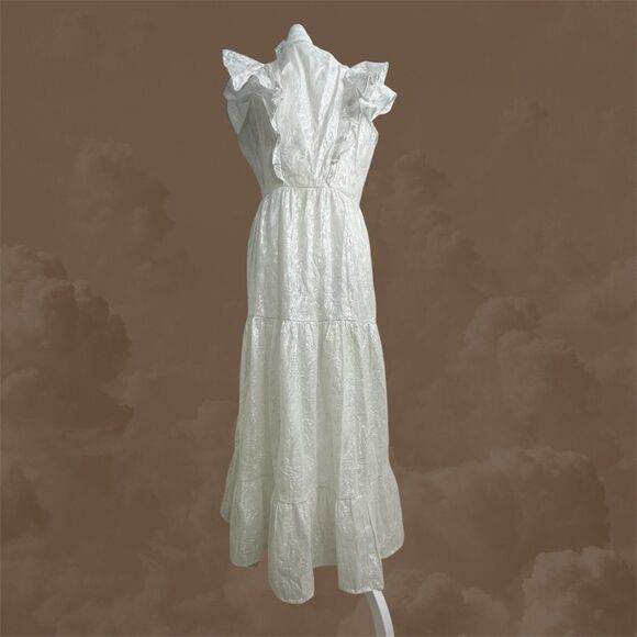 Roller Rabbit S Ondine Metallic Silver Ruffle Sleeve Midi Dress White READ DESCR - Picture 3 of 10